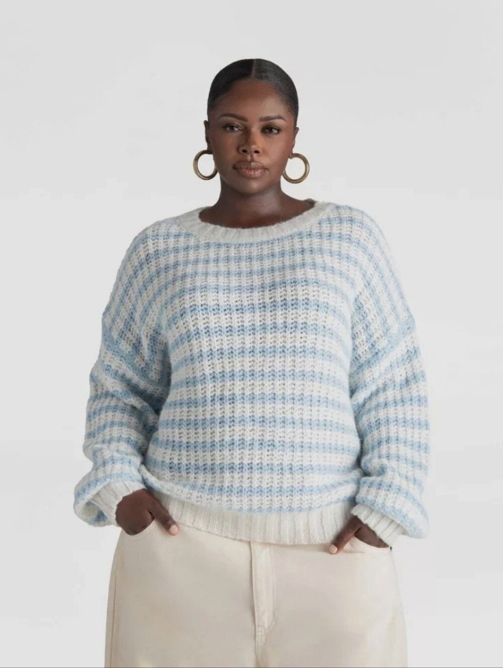 KBB Light Blue and Cream Striped Crew Sweater